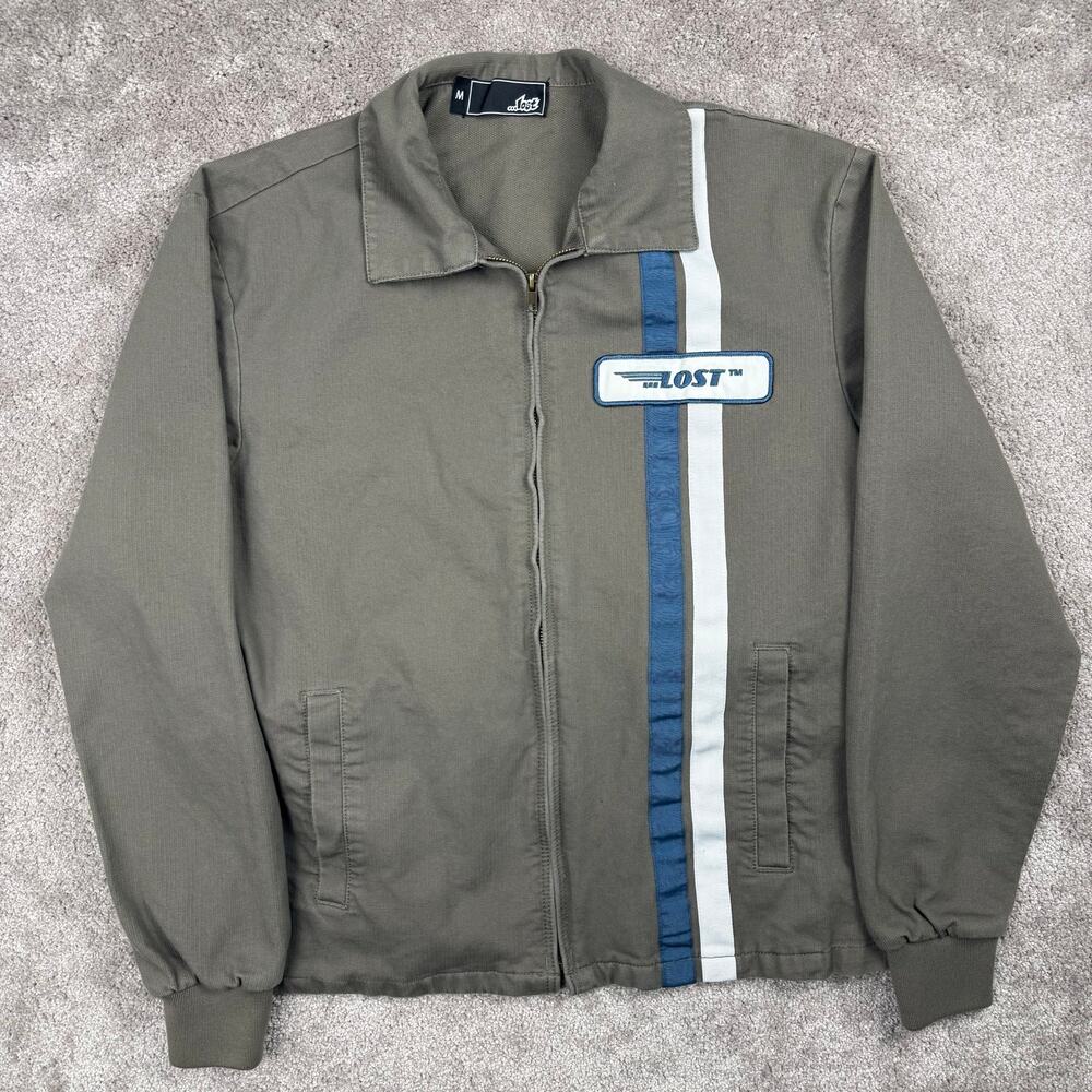 Lost Racing Stripe Zip Up Jacket Size M Gray Mechanic Skater Embroidered Patch